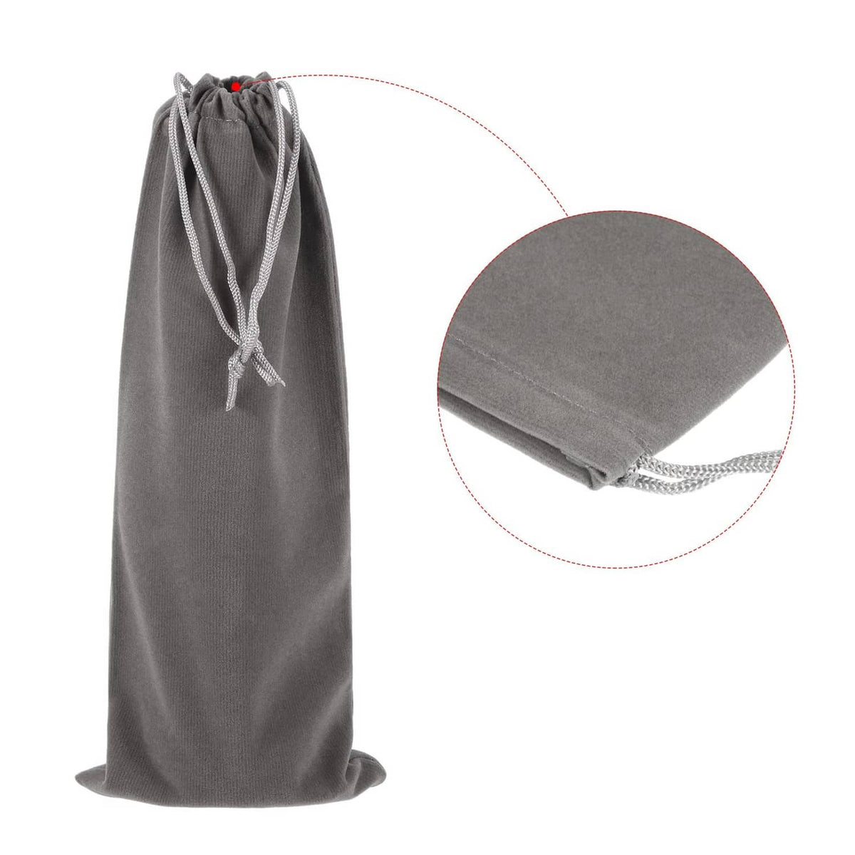 Gray microfiber drawstring storage pouch with gathered top and tie cord