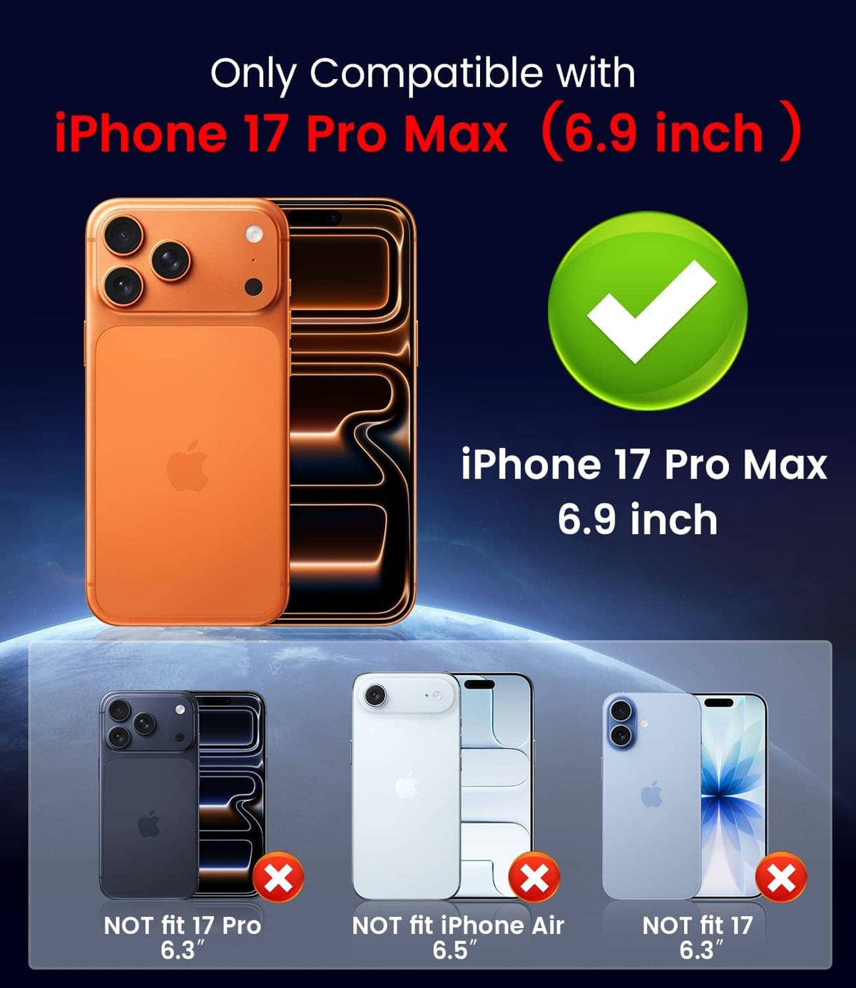 Orange iPhone case with MagSafe ring shown on device compatibility graphic