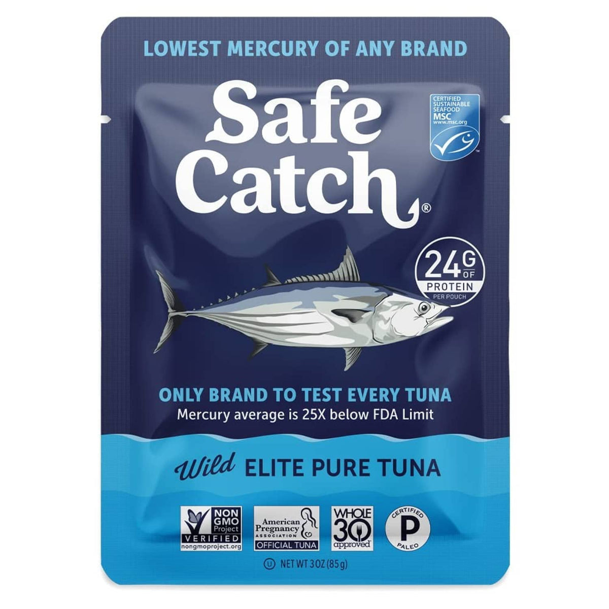 Safe Catch Wild Elite Pure Tuna front pouch, dark blue with 24g protein badge