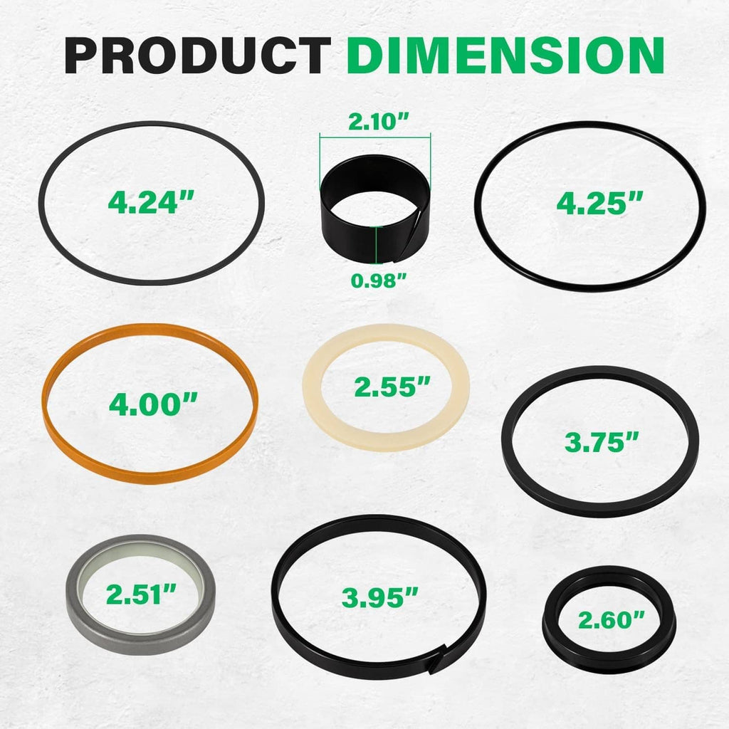 Hydraulic cylinder seal kit product dimension diagram with O-rings in orange, black and gray