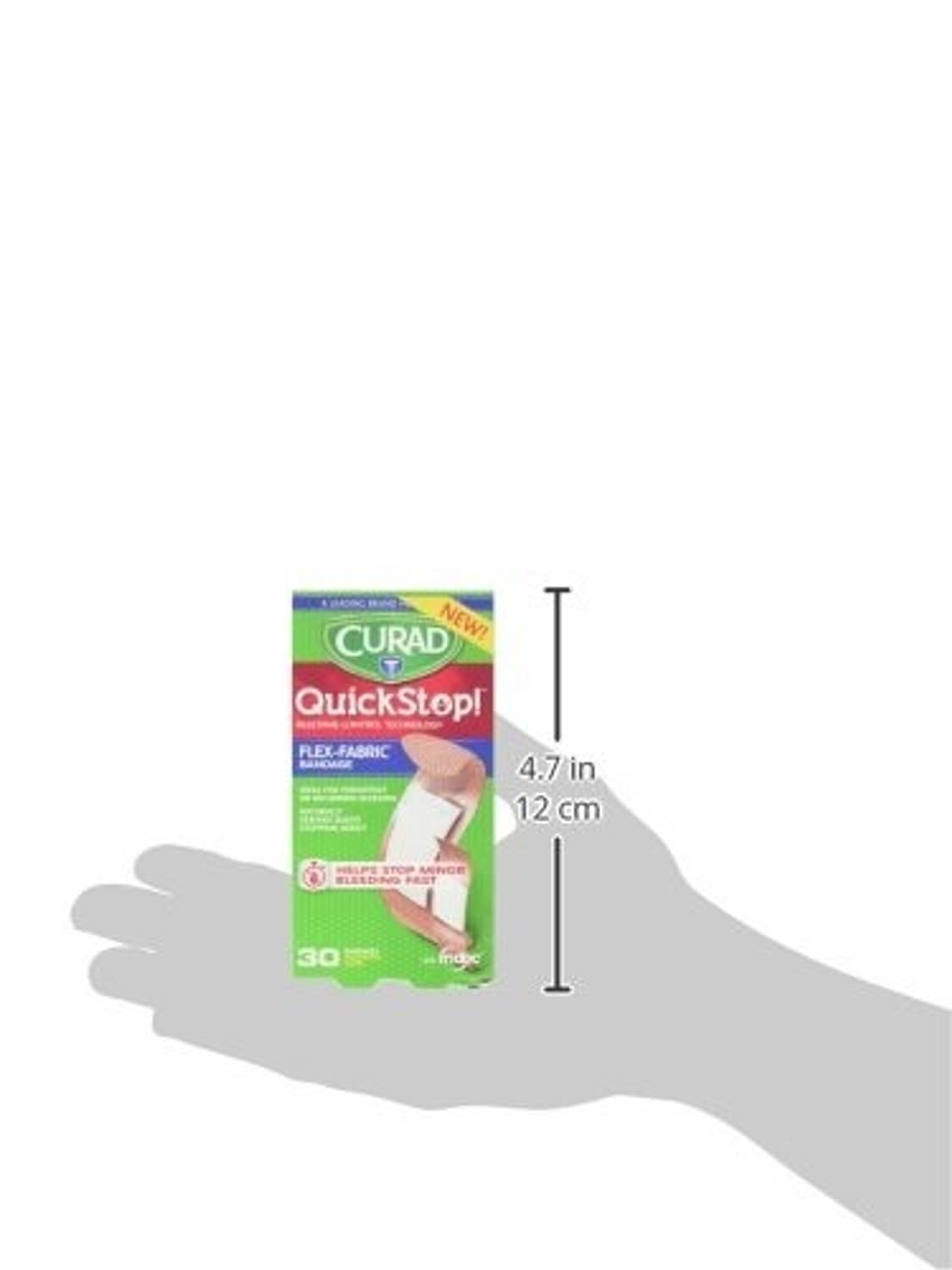 Curad QuickStop flex-fabric bandage size shown, 4.7 in reference