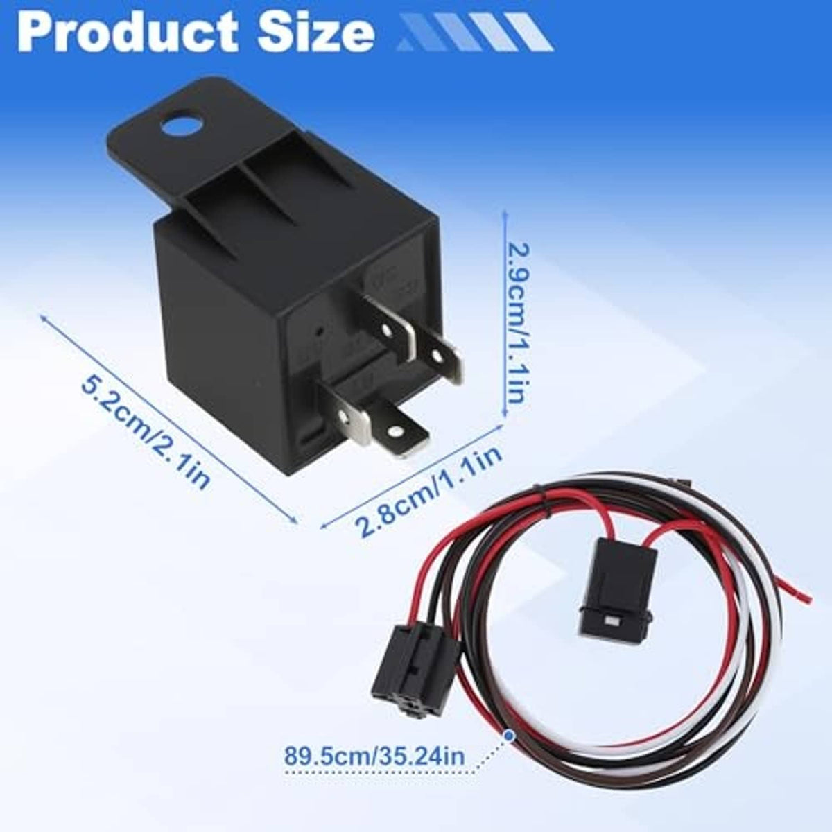 Compact electric radiator fan relay with wiring harness and mounting ears, size view