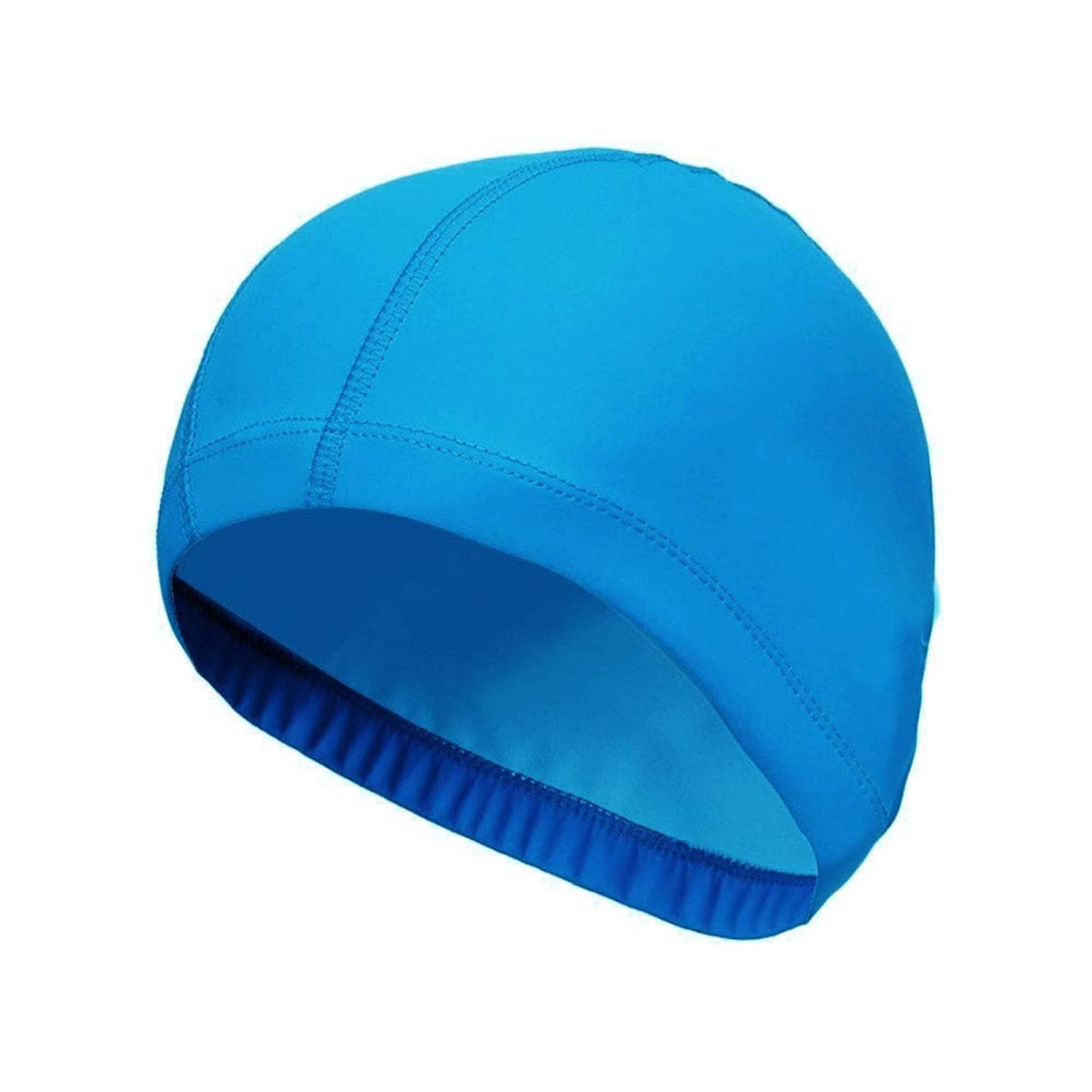 Bright blue swim cap with stitched panels and elastic rim