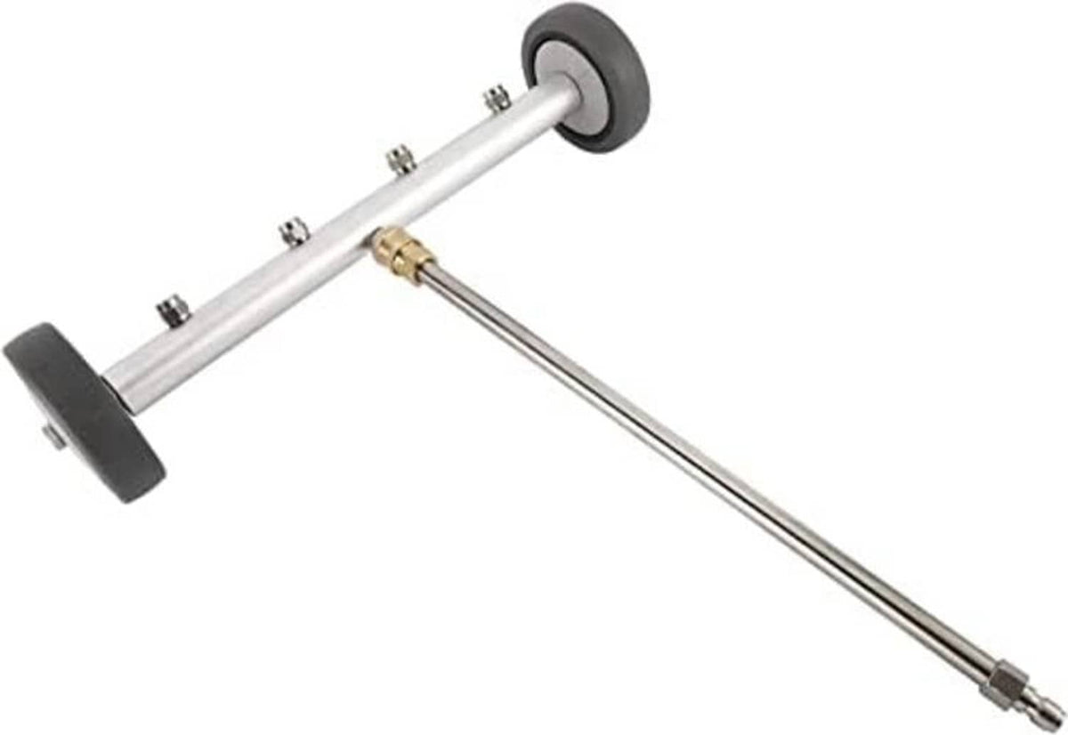 Water broom power cleaner with angled wand, two black wheels, and brass coupler