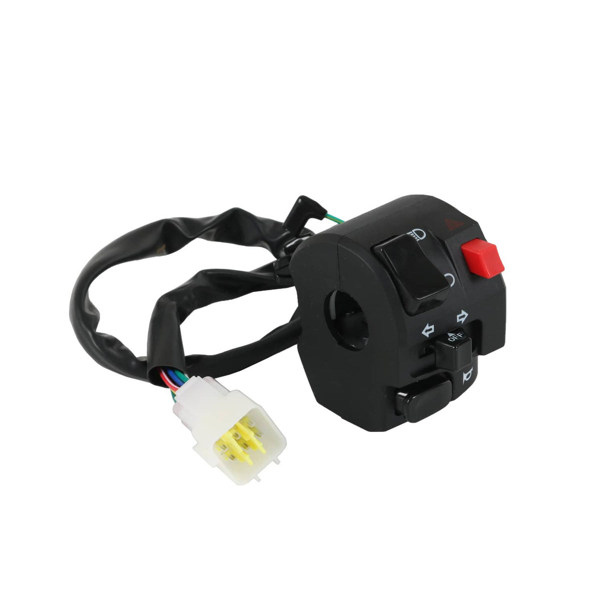 Motorcycle handlebar turn signal switch with red button, labeled controls, and wiring plugs