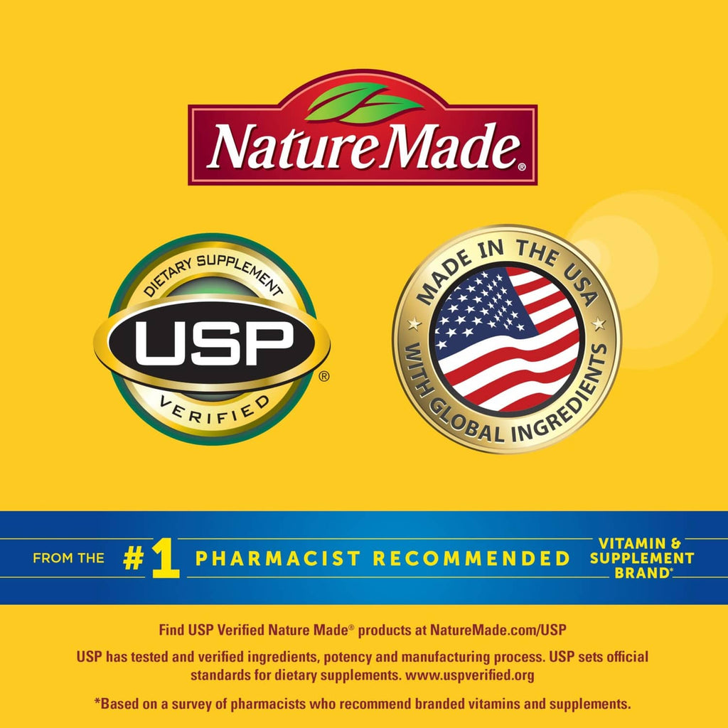 USP Verified and made-in-USA badges on Nature Made dietary supplement gummies