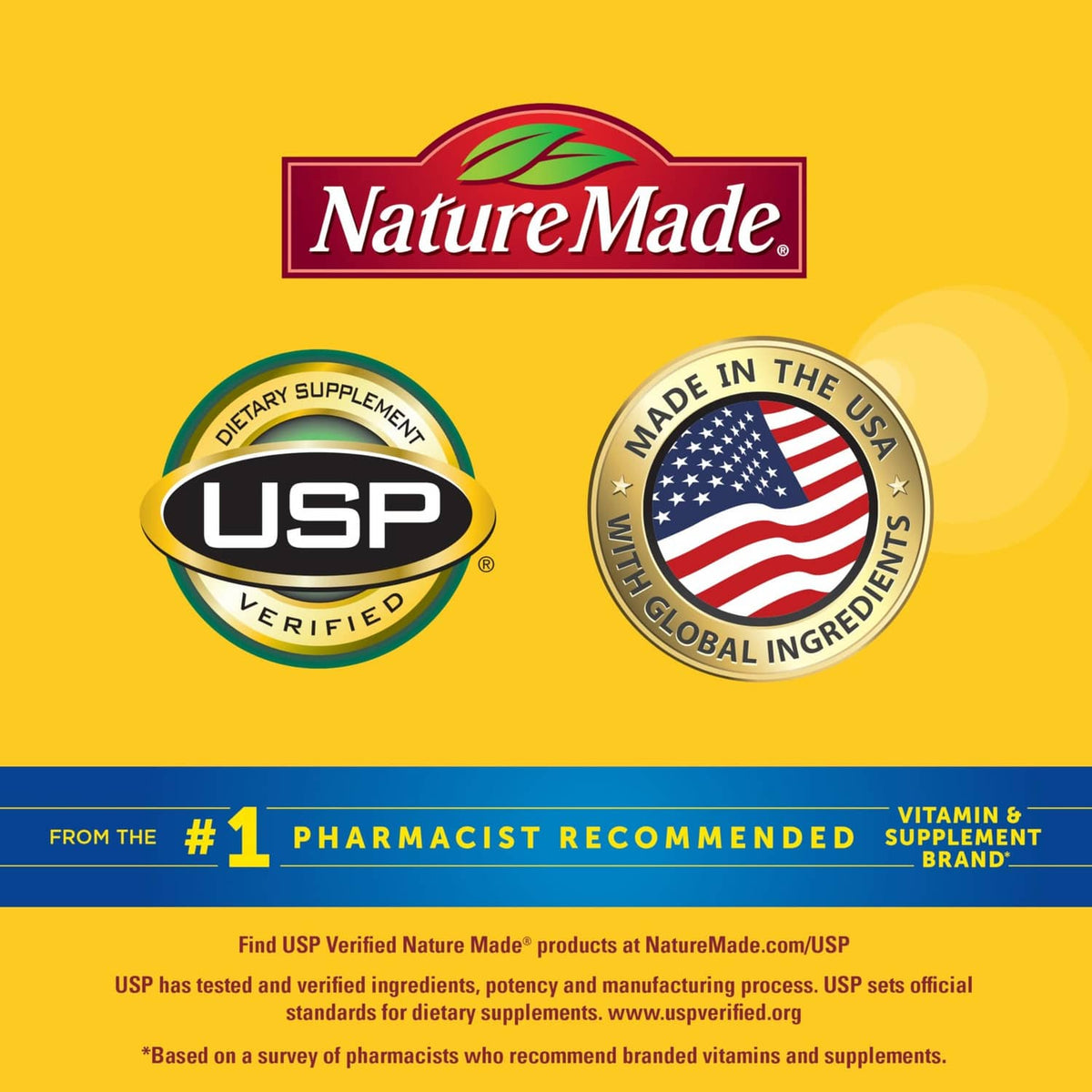 USP Verified and made-in-USA badges on Nature Made dietary supplement gummies