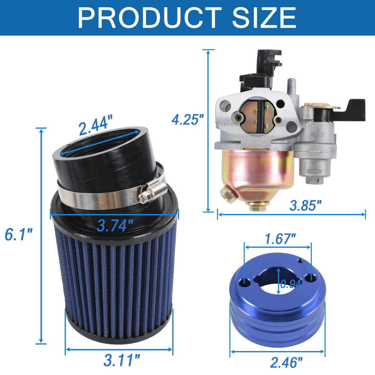 Carburetor air filter adapter kit sizing diagram with blue filter cone and carb parts