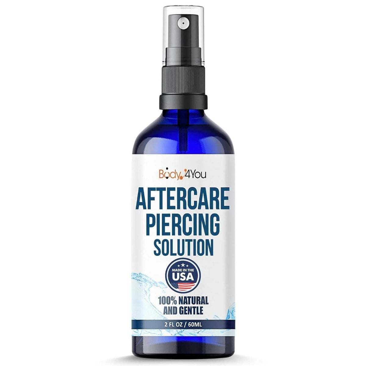 Piercing aftercare saline spray bottle front label, blue glass and silver pump