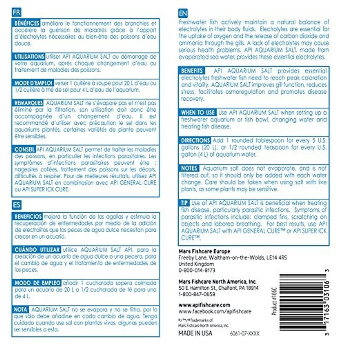 Aquarium salt box back panel with API directions and benefits text for freshwater use