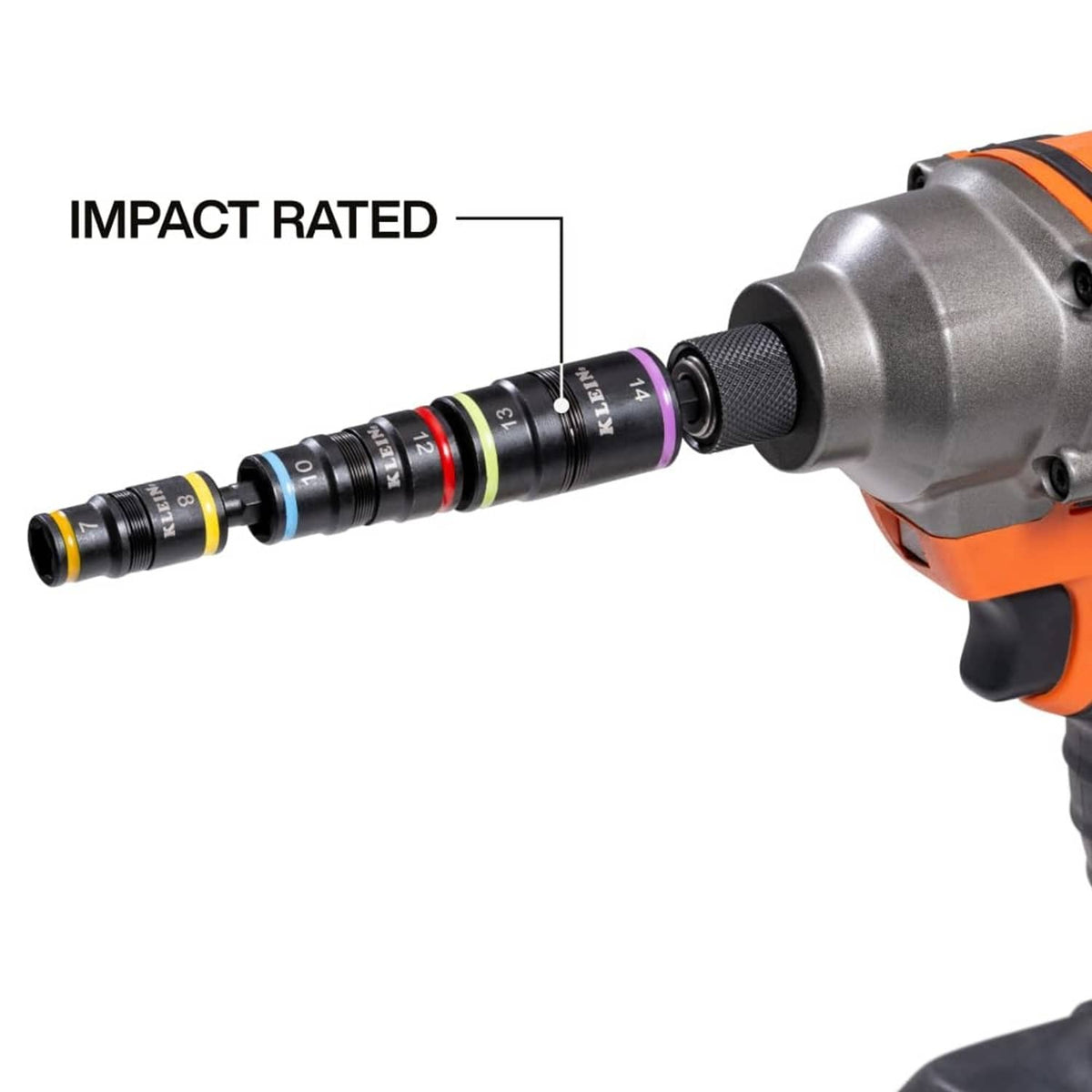 Impact driver with Klein Tools metric impact socket set and color-coded flip sockets