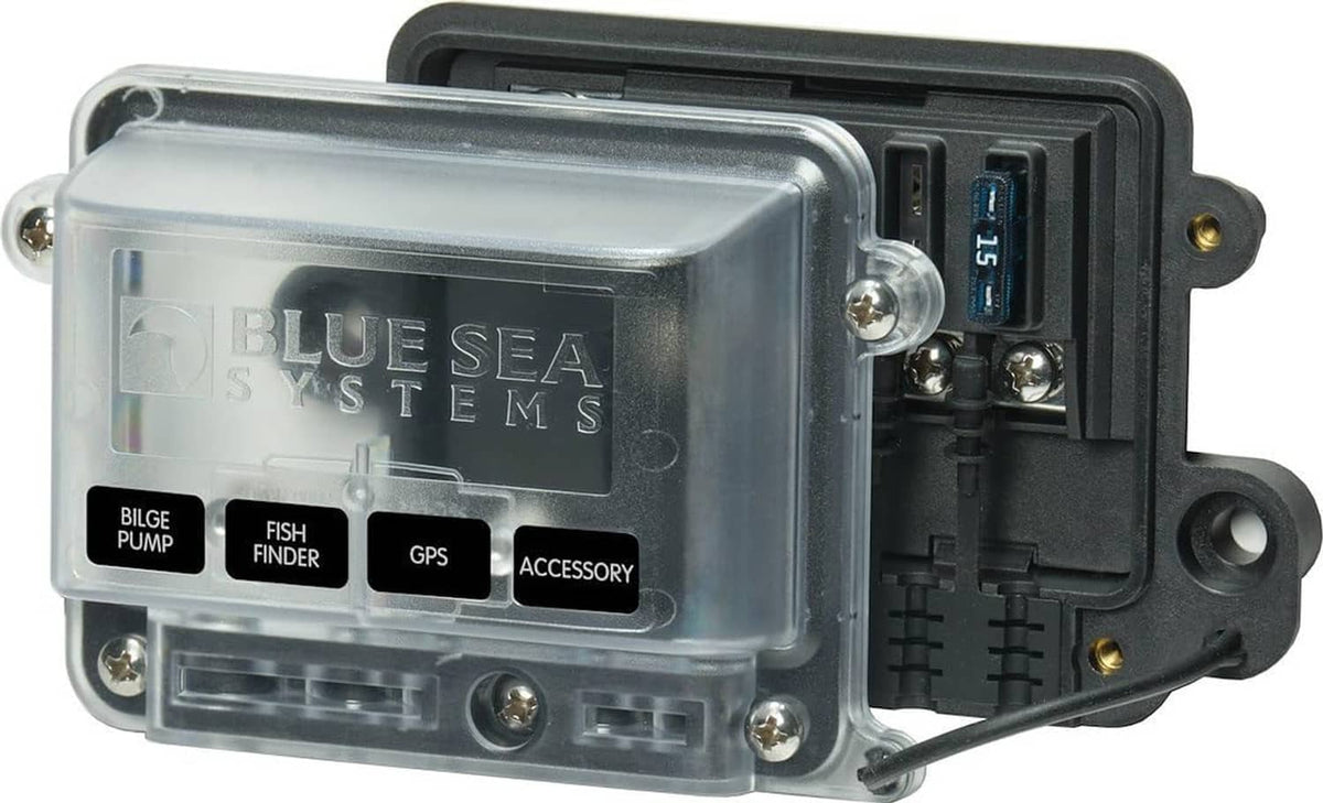 Water-resistant fuse block with clear enclosure, black base, and visible terminal blocks