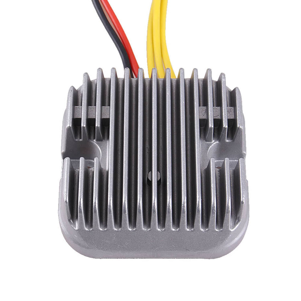 Voltage regulator rectifier heat sink with cooling fins and attached red wire leads at top