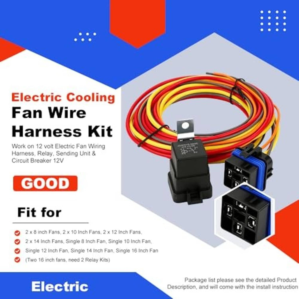 Electric cooling fan wire harness kit with relay module and multi-color bundled wiring