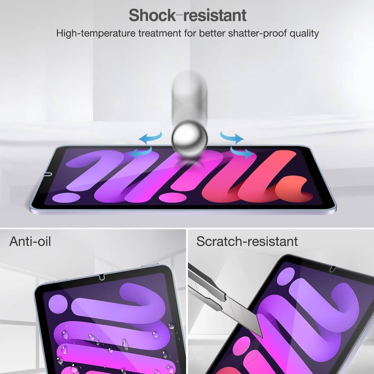 Screen protector demonstrating scratch-resistant and anti-oil protection for iPad Mini