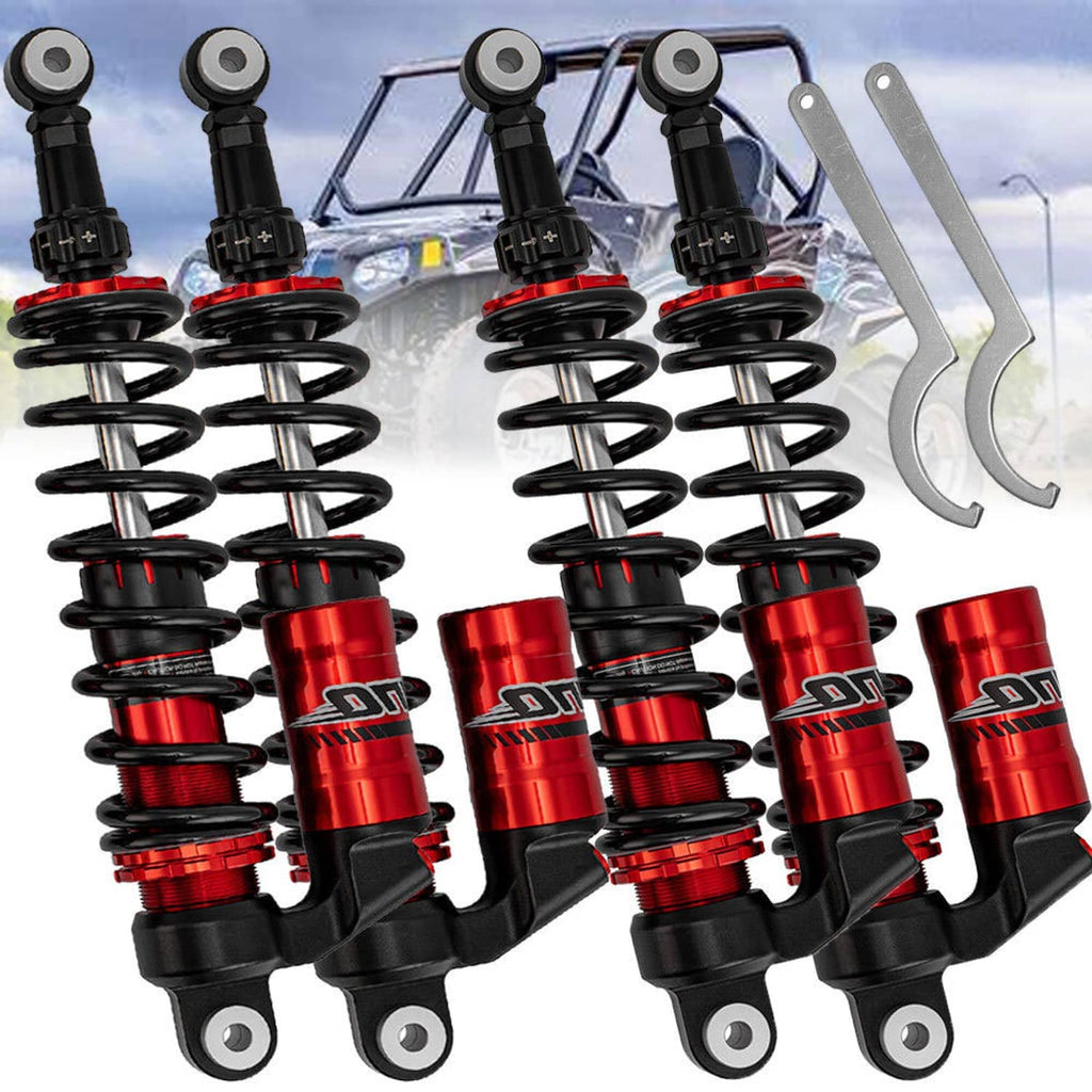 Set of air shock absorbers with red cylinders, black coil springs, and front/rear brackets