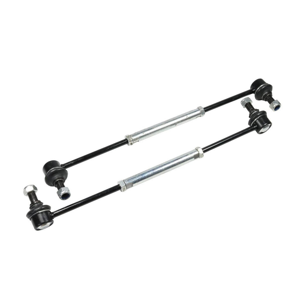 Pair of black suspension rods with silver shafts and end link ball joints