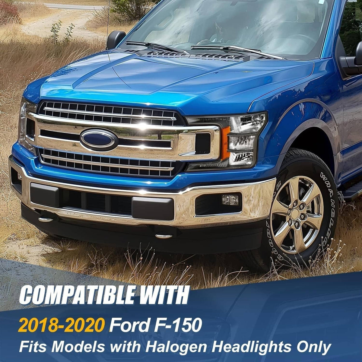 Blue pickup truck front with installed black halogen headlight and clear amber marker