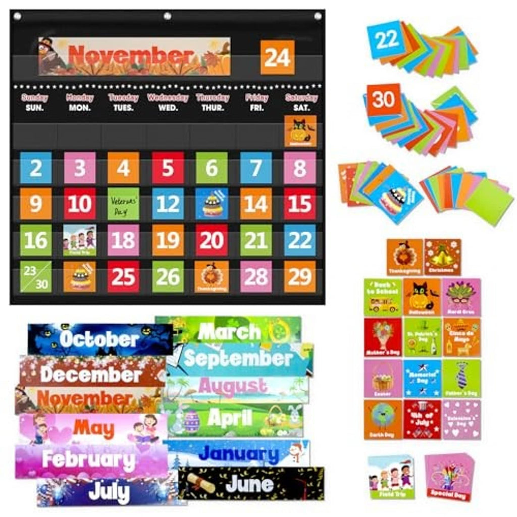 Black calendar pocket chart with month/date cards and colorful learning card set
