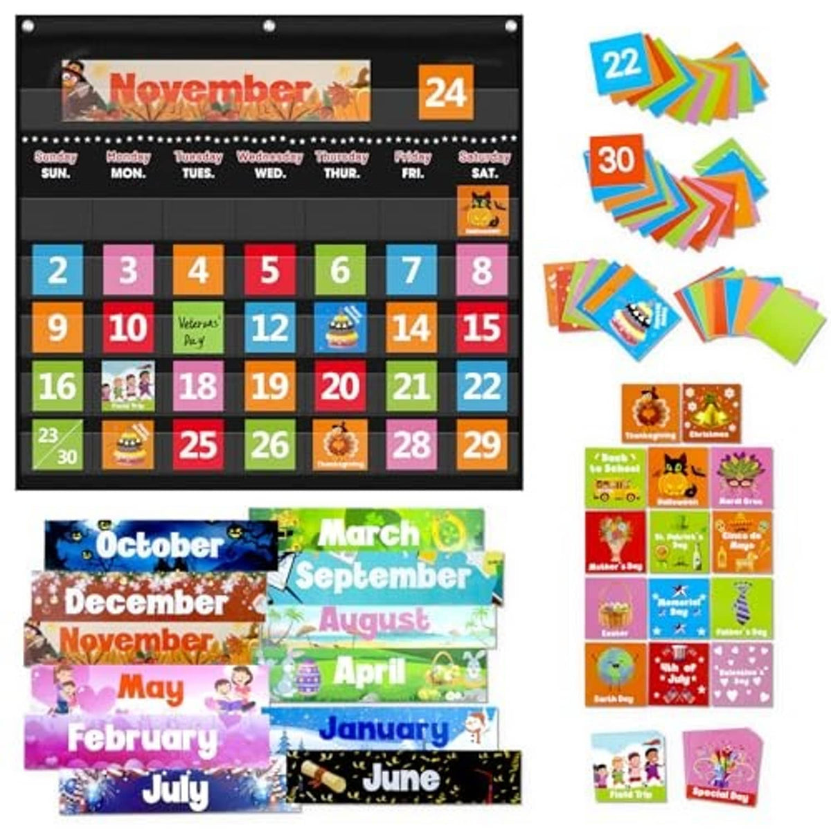 Black calendar pocket chart with month/date cards and colorful learning card set
