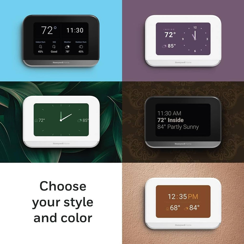 Black and white smart thermostats with different touchscreen color themes