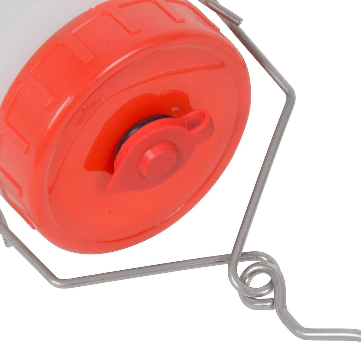 Red vented tank cap with metal guard and black hose connection
