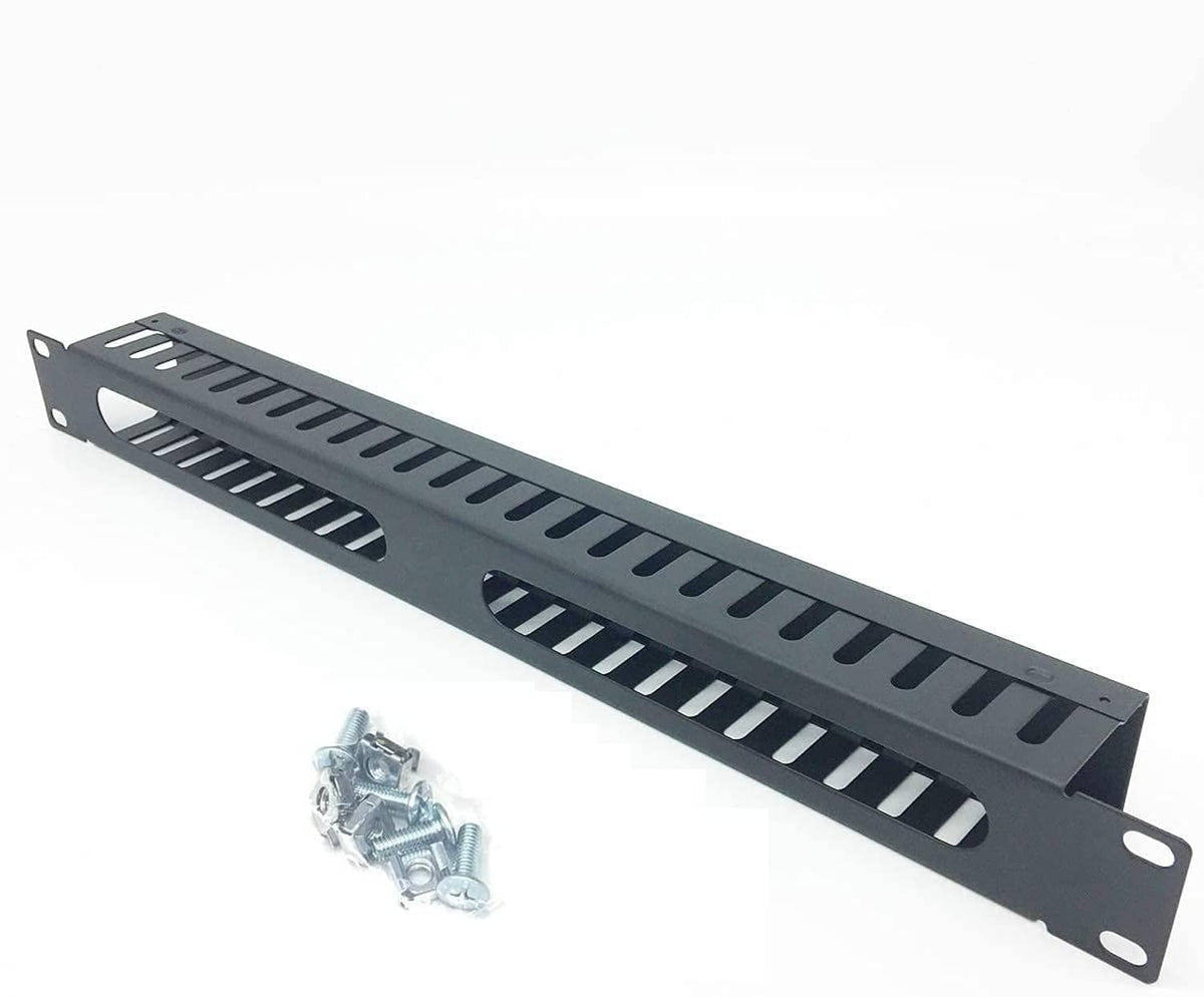 Black 1U cable manager, 19 in, angled view with vented finger slots and side holes