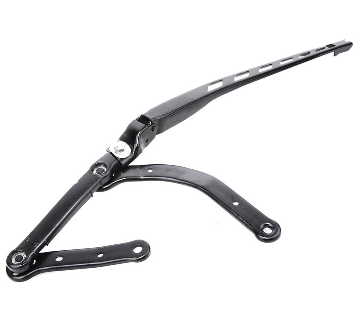 Black right windshield wiper arm with curved link and mounting hardware.