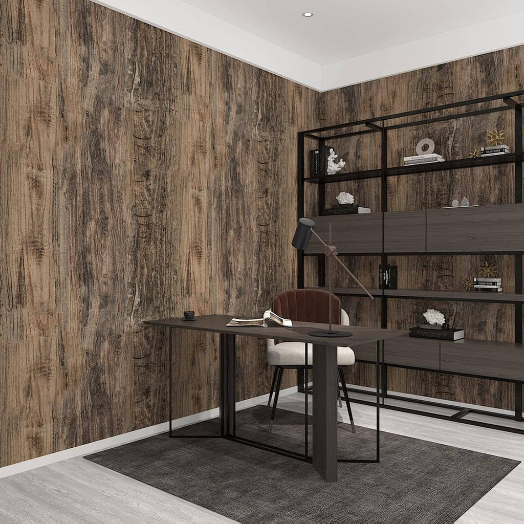Brown wood-grain wallpaper wall with vertical plank pattern behind a dining area