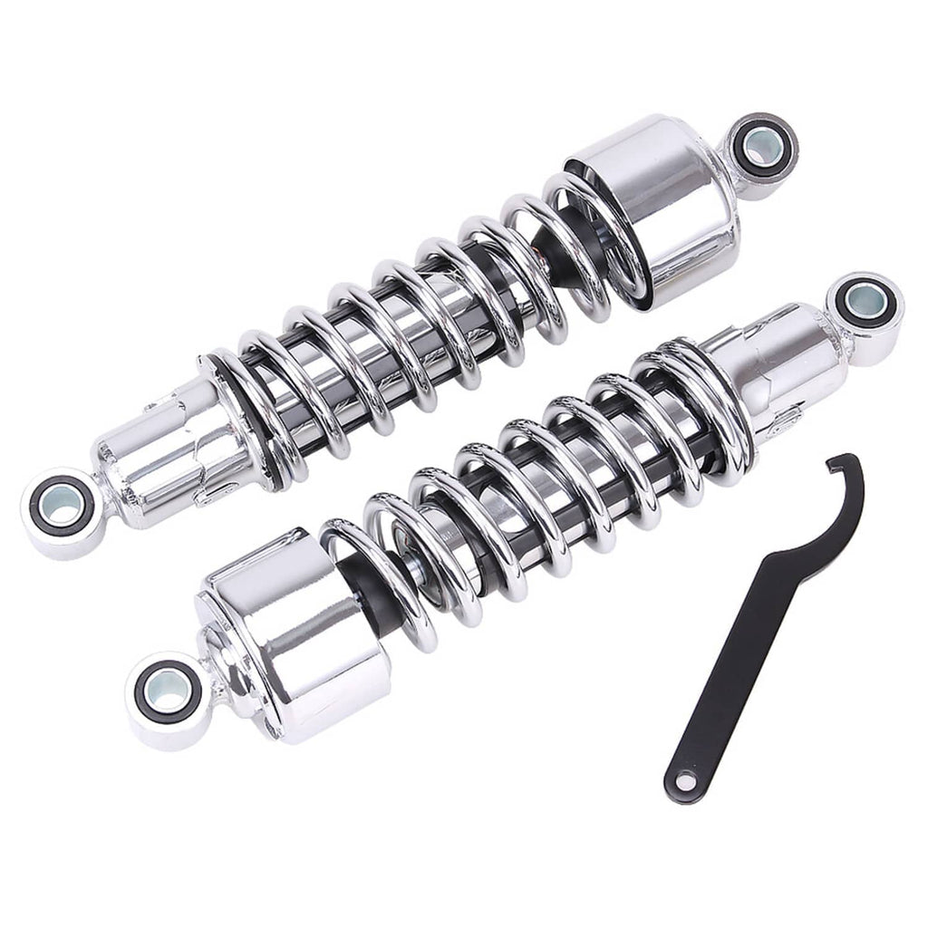 Chrome rear shocks with coil springs, mounting eyes, and black installation bracket