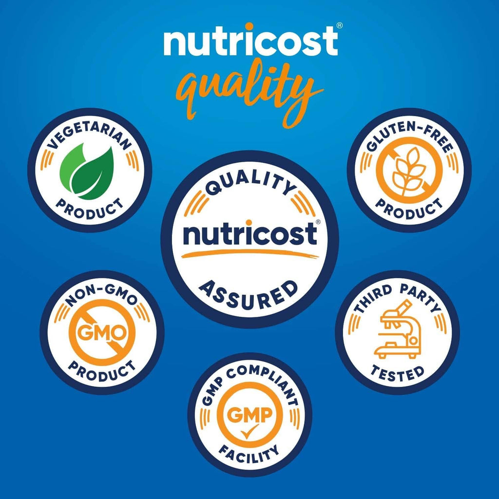 Electrolyte complex powder label with Nutricost quality assurance icons