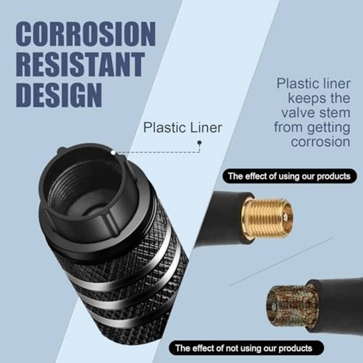 Tire valve stem cap with black outer shell and plastic liner, shown in cross-section