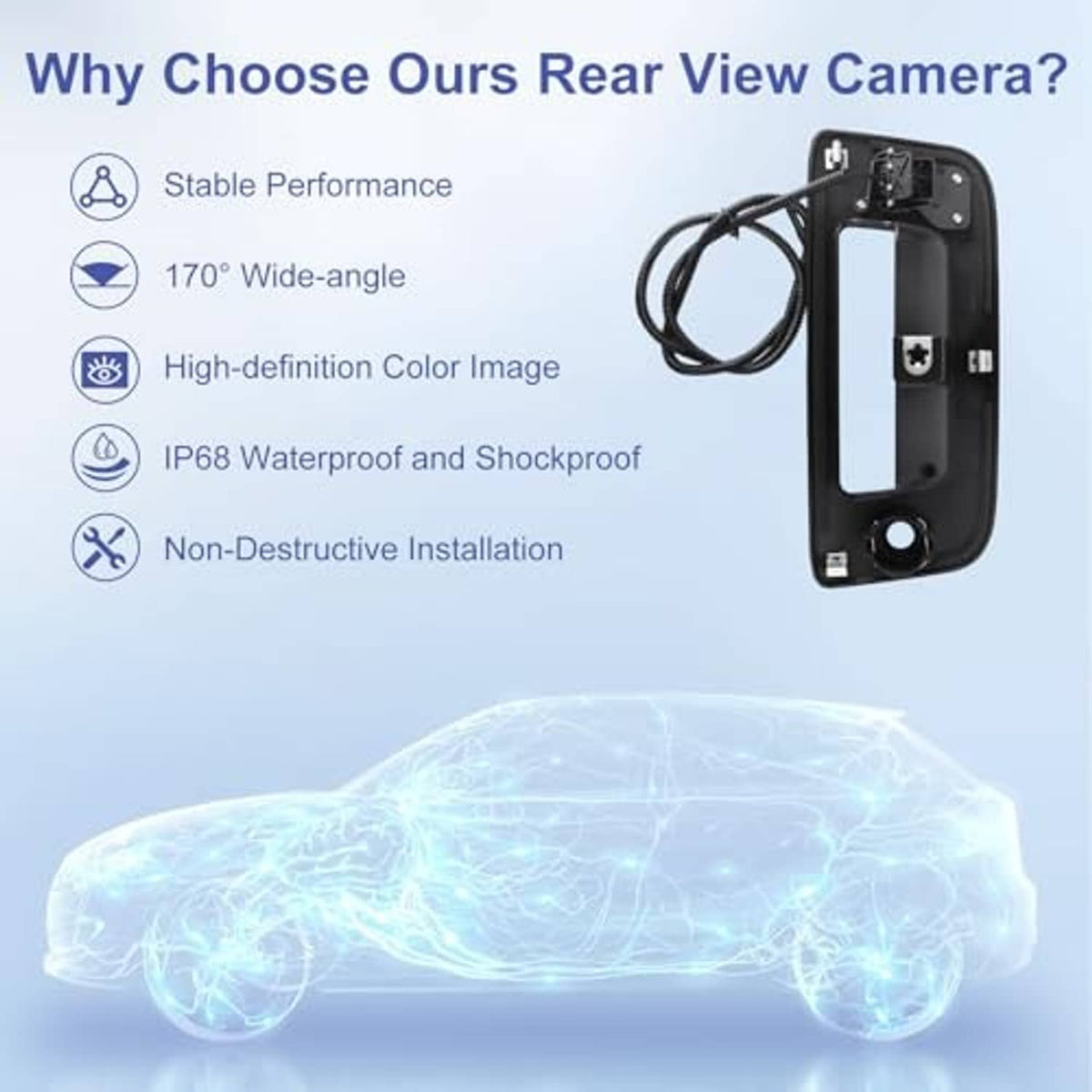 Rear view backup camera tailgate handle with wiring harness and mounting frame