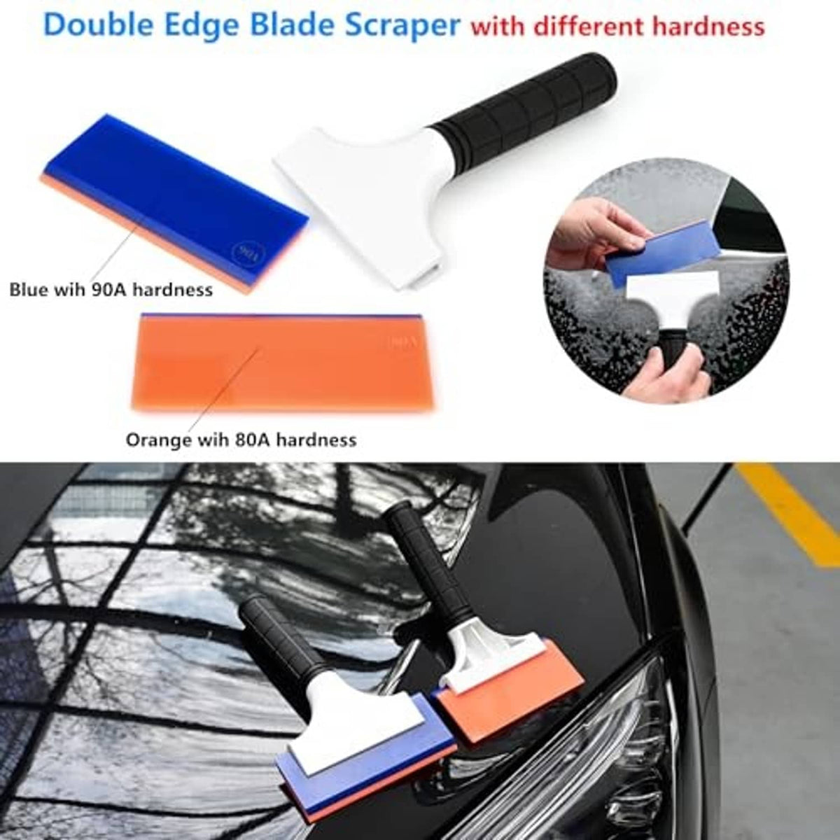 Two-piece double-edge rubber squeegee set with blue and orange scraper edges, black handles.