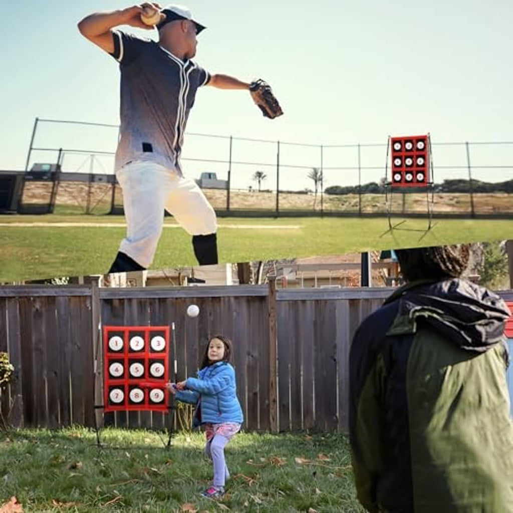 Pitching practice target net with 9 numbered pockets on a freestanding frame.