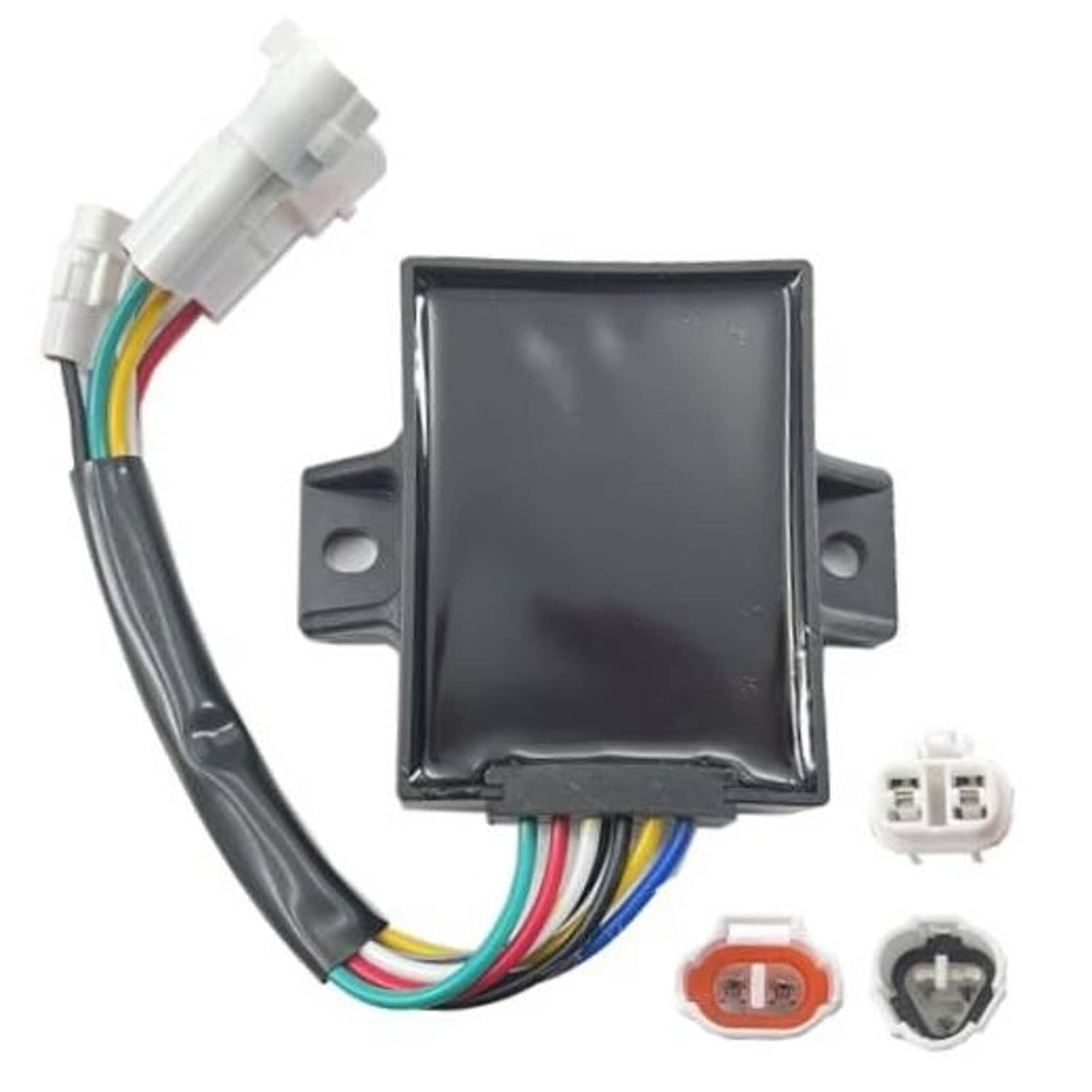 Black CDI ignition module with multi-color wire harness and white connector plugs