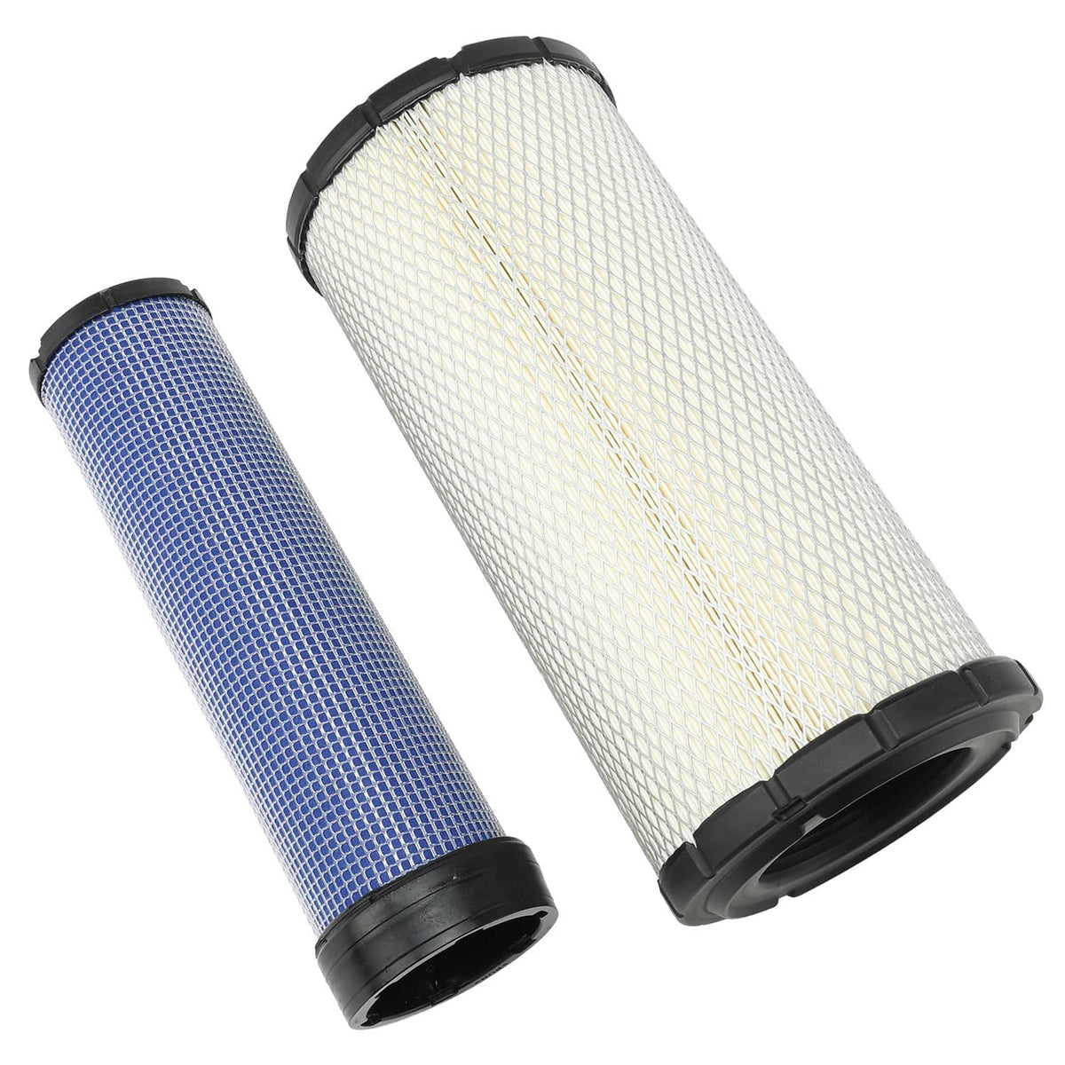 Air filter kit with angled white and blue pleated cartridges and black end caps