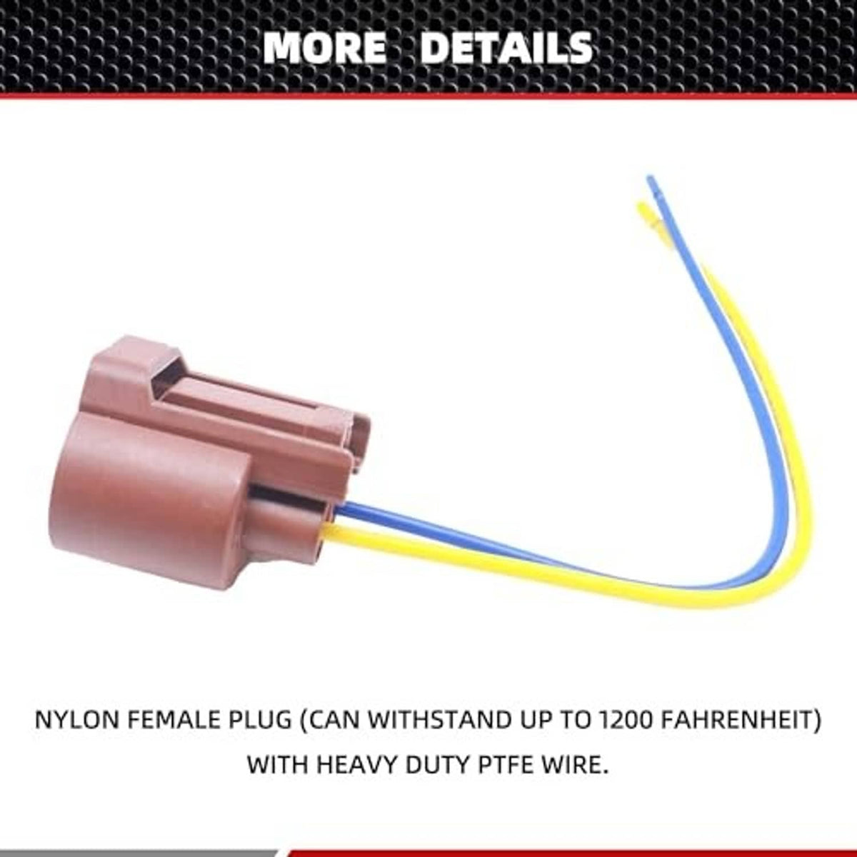 Brown female plug connector with blue and yellow heavy-duty pigtail wires