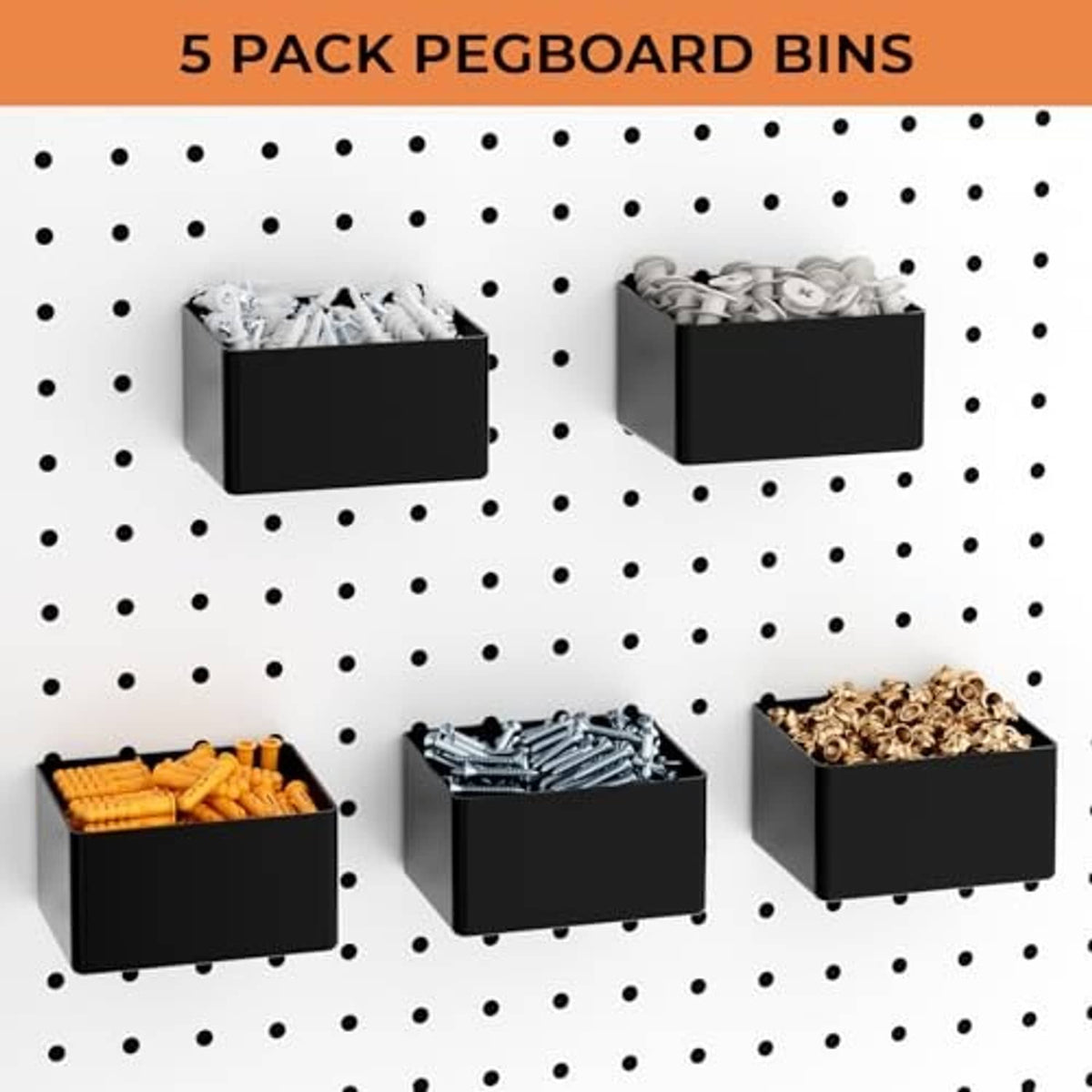 Five-pack pegboard bins with black rectangular containers for parts and tools