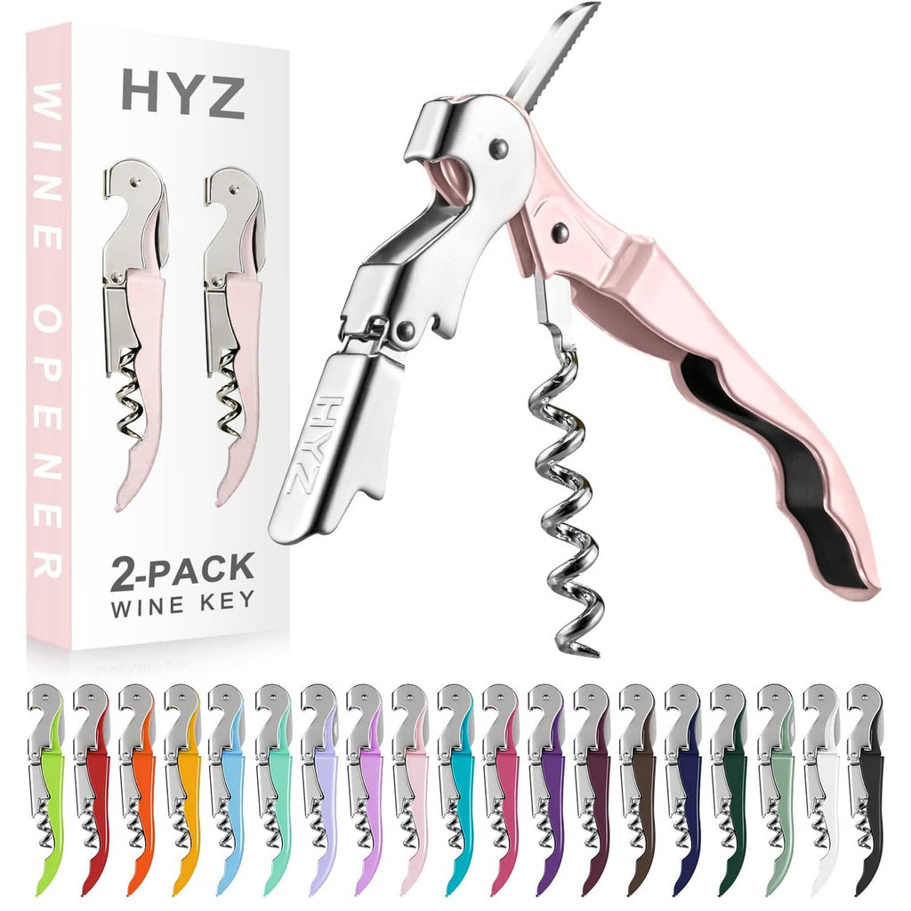 Pink 2-pack waiter corkscrew keys with stainless steel bodies, shown with retail box