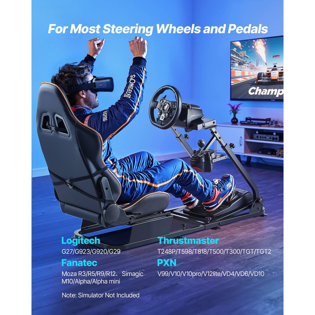 Racing wheel stand with gaming seat fitted with steering wheel and pedal mounts