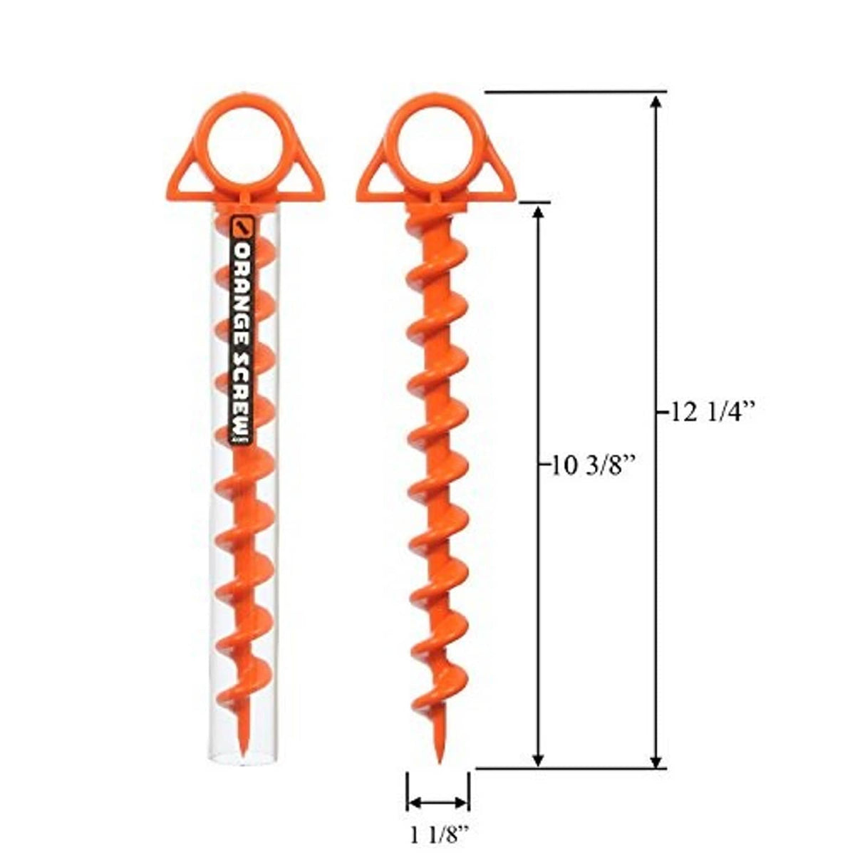 Orange spiral ground anchor screw, loop handle, about 12 1/4 in length