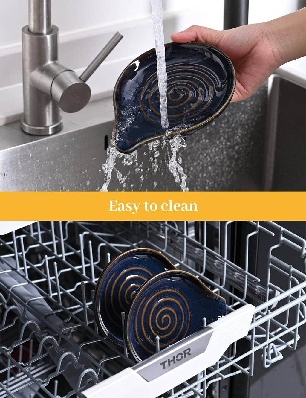 Dark blue ceramic spoon rest with spiral swirls being rinsed with water
