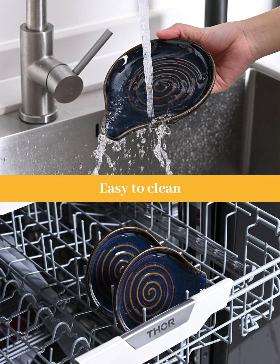 Dark blue ceramic spoon rest with spiral swirls being rinsed with water