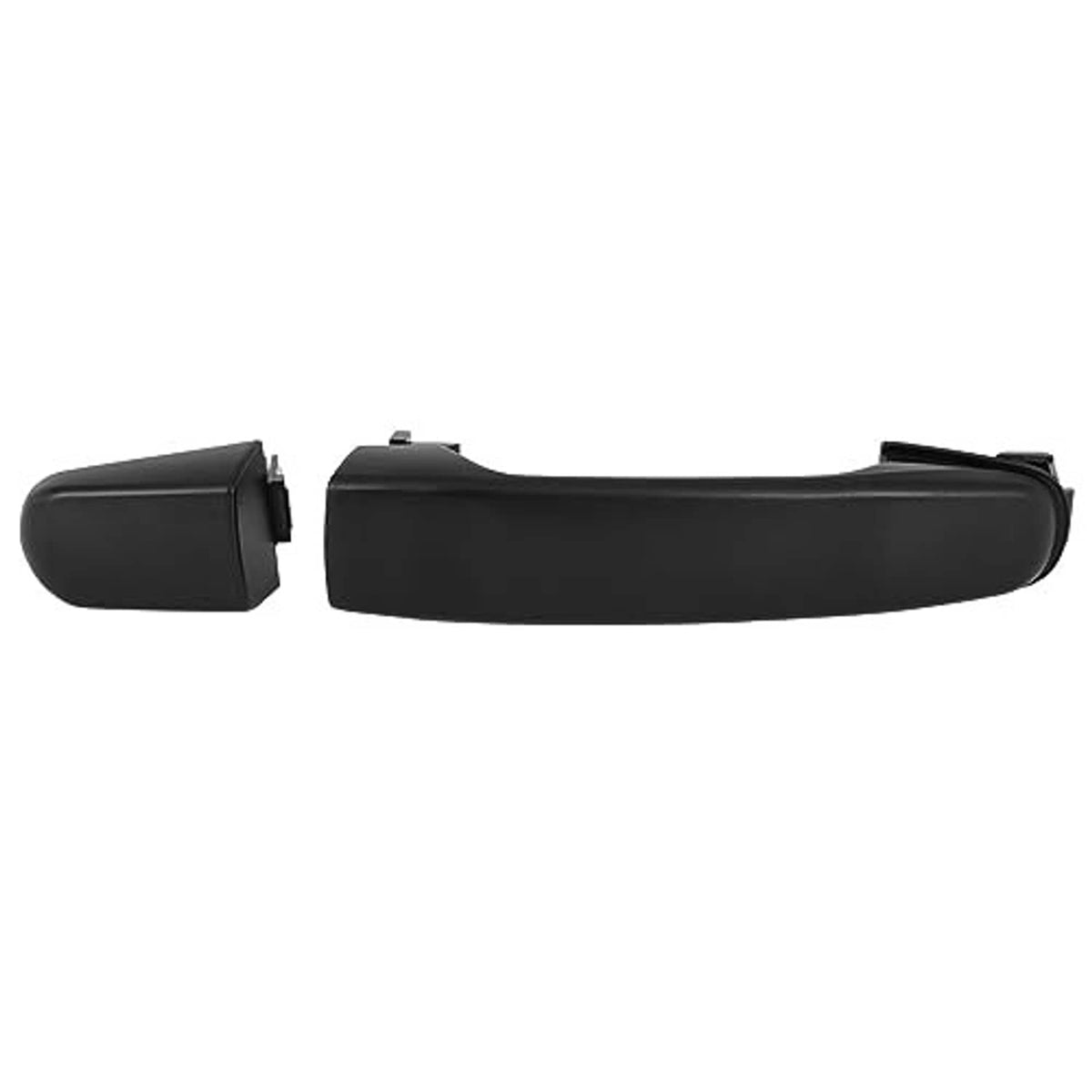 Black exterior door handle, front passenger right side, long grip with end cap