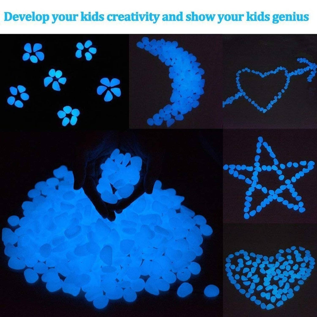 Blue glow stones forming decorative flowers and heart shapes on a dark surface