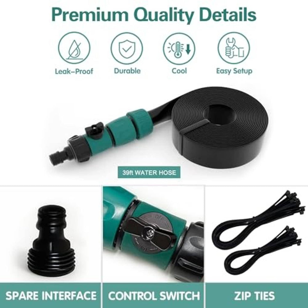 Trampoline sprinkler components with coiled hose, teal control switch, and zip ties