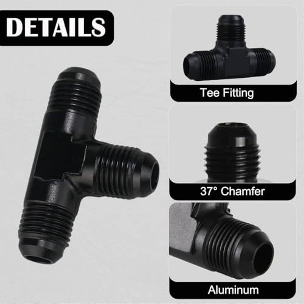 Black aluminum tee fitting with 37° chamfered threaded connection and three ports.