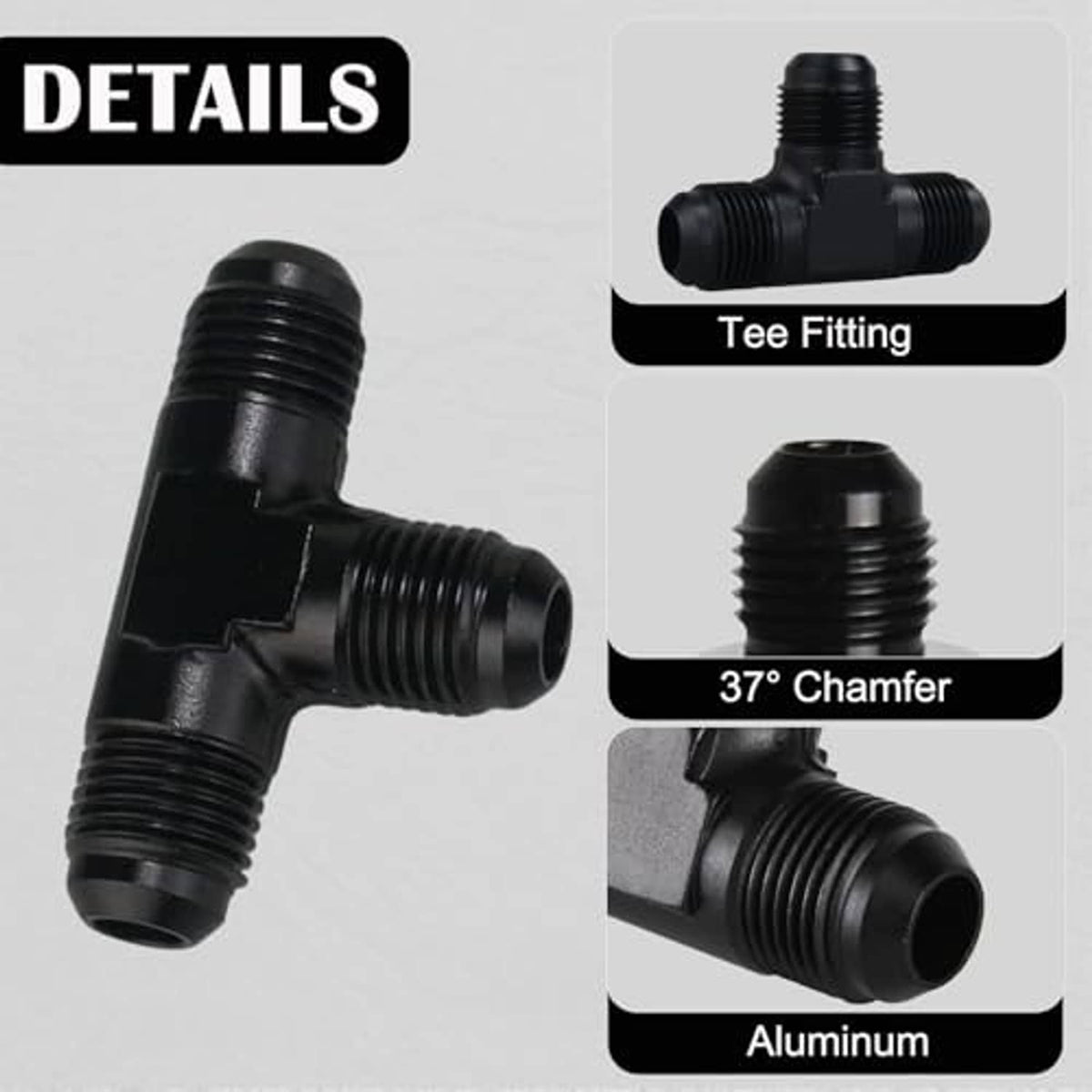 Black aluminum tee fitting with 37° chamfered threaded connection and three ports.