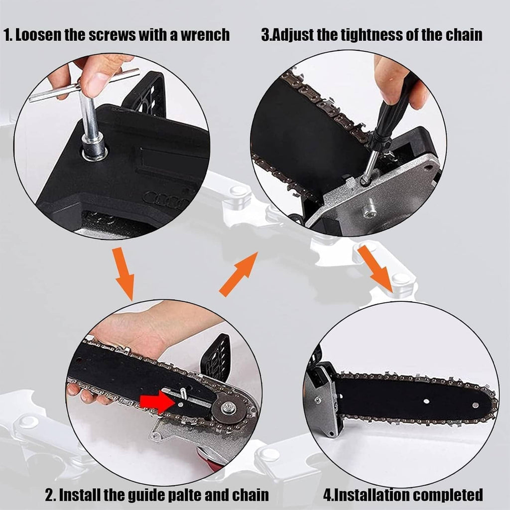 Chainsaw chain installation steps showing guide plate and chain alignment